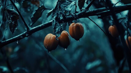 Poster - Close-up of orange fruits hanging from a branch in a moody, rainy environment.