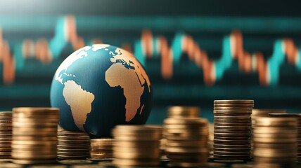 Wall Mural - Economic recovery policy. Globe on coins with stock market graph, symbolizing global finance and investment trends.