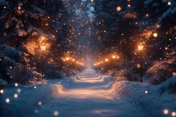 Wall Mural - ethereal winter wonderland forest scene with snow-covered pine trees, gentle snowfall, and magical glowing lanterns lighting the path