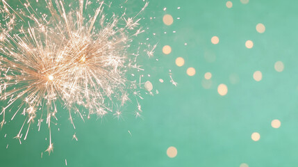 Wall Mural - bright fireworks sparkling on a festive green background
