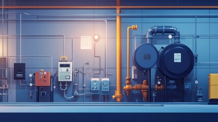 Poster - Industrial setting with pipes, gauges, and machinery for operational purposes.