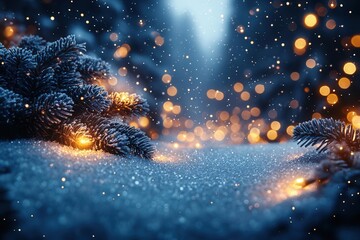Wall Mural - festive winter wonderland illuminated by golden christmas lights natural snowy landscape with magical bokeh effect and glowing decorations in blue and yellow tones