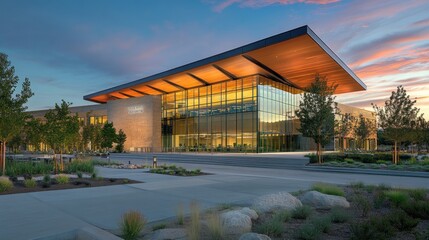 Poster - Modern architectural building with large glass facade and landscaped surroundings.