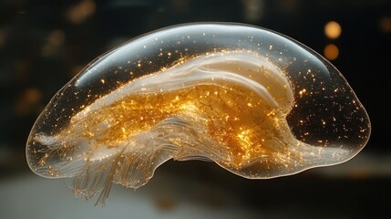 Sticker - Golden abstract jellyfish-like form encased in a translucent sphere.