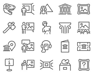 simple set of museum related vector line icons. contains such icons as tourist group, sculpture, art