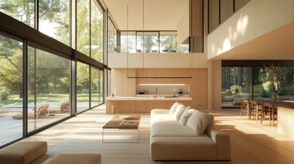 Aufkleber - Modern interior with large windows, wooden elements, and a serene outdoor view.