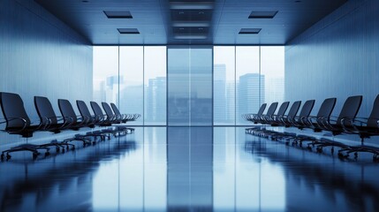 Aufkleber - Modern waiting area with sleek chairs and large windows overlooking a cityscape.