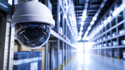 Fototapete - Security camera in a warehouse setting, monitoring the storage area.