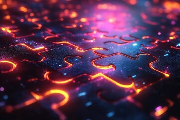 futuristic network integration system with glowing neon puzzle pieces connected on digital matrix background representing api technology