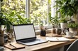 © PlanetOfVectors - Organized home office desk with a laptop, stationery, coffee cup, and vibrant potted plants near a window. Natural light creates a cozy workspace vibe. Ai generative