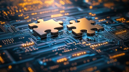 technological puzzle pieces interconnected on circuit board: a visual representation of problem solv