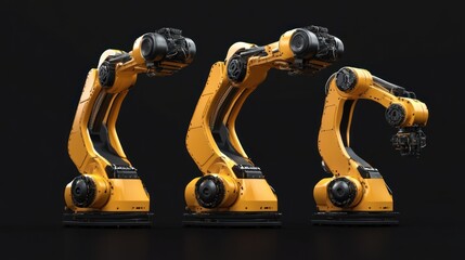 Fototapete - Three robotic arms in yellow design, showcasing industrial automation capabilities.