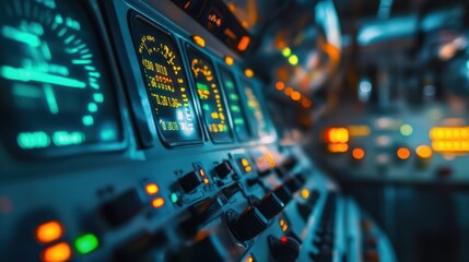 Control panel with illuminated displays and buttons showing data in a technological environment, suggesting advanced monitoring and control systems
