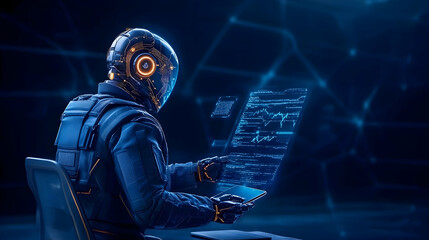 Futuristic robot programmer coding; digital network background; AI development; tech concept.