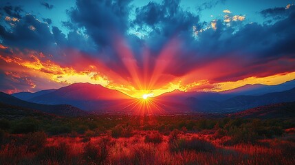 Wall Mural - Vibrant sunset over mountain range.