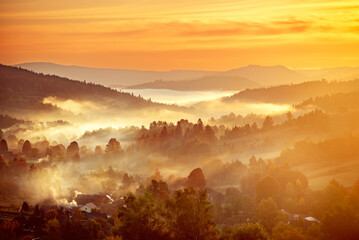 Wall Mural - morning mountain landscape, autumn seasonal background, amazing sunrise