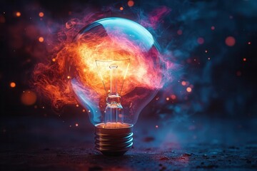 Wall Mural - luminous creative light bulb floating in abstract space with vibrant color streams, symbolizing innovation and breakthrough ideas
