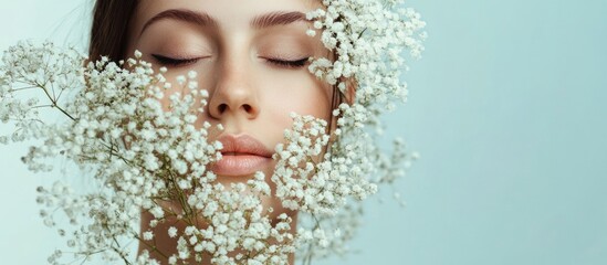 Wall Mural - Serene close-up portrait of a woman with soft light brown skin adorned with delicate white flowers against a calming pale blue background