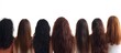 © The 2R Artificiality - Diverse group of Latin American women showcasing various hairstyles from front and back against a bright white background with ample empty space for text.