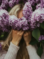 Wall Mural - Girl with long blonde hair partially hidden behind a vibrant bush of lilac flowers in a lush garden setting featuring ample copy space for text.