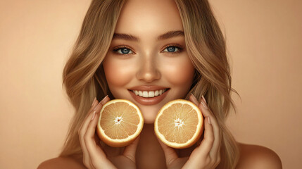 A radiant woman with a radiant smile holds a fresh orange slice, highlighting the beauty of healthy eating and citrus nutrition.