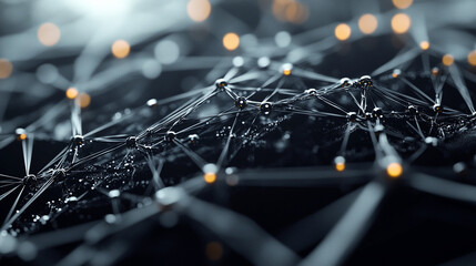 Complex network structure with glowing nodes illuminated in a dark environment