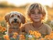 © 2rogan - A young boy with tousled blonde hair smiling beside a golden puppy in a vibrant field of orange flowers during golden hour, capturing carefree childhood joy and affection for animals with ample copysp