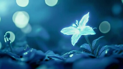 glowing blue flower in dark setting.