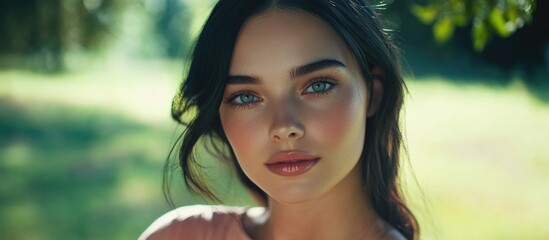 Wall Mural - Portrait of a young attractive woman with dark hair and blue eyes in a lush summer green park, soft sunlight creating a serene atmosphere with ample copyspace.