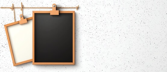 Blank chalkboards with wooden frames hang on a speckled wall background, offering a versatile space for messages or creative design ideas in educational or creative contexts.