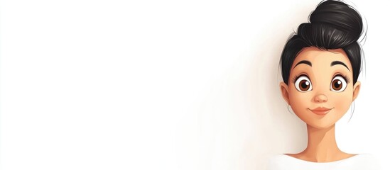 Wall Mural - cartoon woman with oversized head and large expressive eyes in soft tones on a white background with