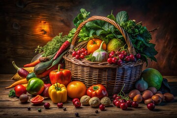 Wall Mural - Low Light Still Life: Colorful Fruits and Vegetables in Rustic Basket