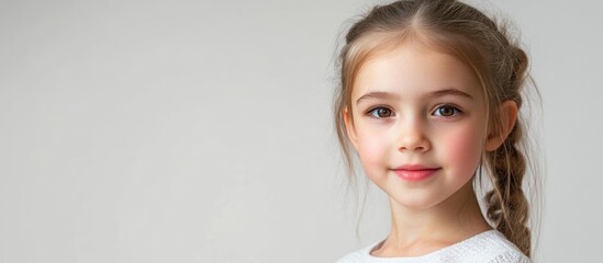 Wall Mural - portrait of a charming young girl with long braided hair in a bright studio setting with soft gray background and ample empty copy space for creative text