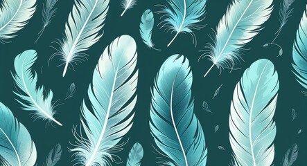 Wall Mural - Feather patterns featuring soft delicate lines and textures on a calming teal illustration background