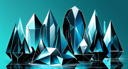 Wall Mural - Geometric crystal shapes with sharp edges and smooth surfaces set against a clean teal illustration background