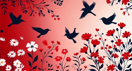 Wall Mural - Line art silhouettes of birds and flowers scattered across a subtle red background in red illustration background