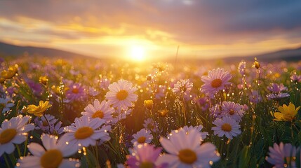 Wall Mural - Dew Kissed Daisies Glowing in Sunset Light