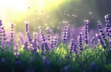 Wall Mural - A field of lavender with bees flying around, creating an atmosphere of serenity and natural beauty.