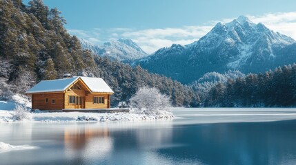 Wall Mural - Wooden Cabin Nestled Beside a Frozen Lake in Snowy Mountains