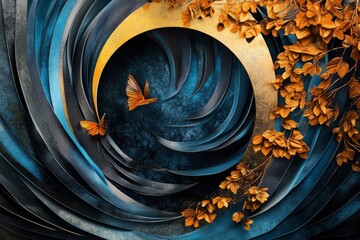 Wall Mural - An amazing image showing digital art. Home decor on canvas with black, gold and blue background