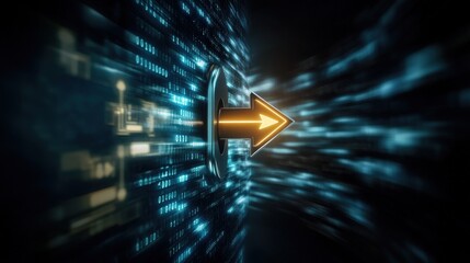 Poster - Futuristic Digital Arrow Moving Through Data Streams, Symbolizing Progress, Technology, and Connectivity in a High-Tech Environment