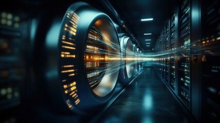 Poster - Futuristic Data Center Interior with Advanced Technology Showcasing Neon Lights and Data Flowing Through High-Performance Servers in a Dark Ambient Environment