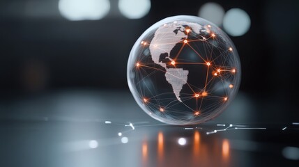 Fototapete - A Detailed View of a Transparent Globe Representing Global Connectivity with Network Lines and Bright Nodes Illuminating the Map of North and South America