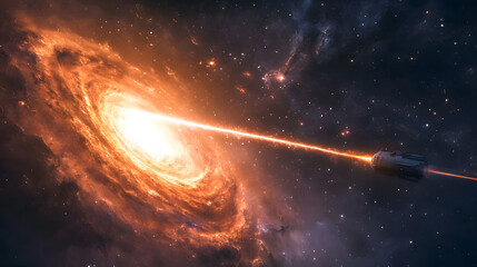 A dramatic image of a rocket ship traveling through a galaxy, with streaks of light bending as it moves through the fabric of space-time 
