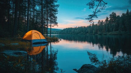 Wall Mural - Illuminated Tent Beside Serene Lake Under Starry Night Sky