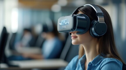 Poster - Young Woman Engaged in Virtual Reality Experience with Headset and Headphones in Modern Office Setting, Concentrating on Digital Environment and Technology Usage