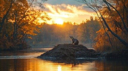 Wall Mural - Coypu on a lodge at sunset autumnal scene