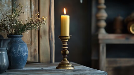 Wall Mural - Antique candle with brass holder on room background