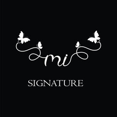 MI Handwritten initial letter, MI simple signature vector logo with butterfly shape variation, beauty, photography letter logo design. M I