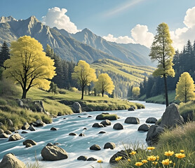 Wall Mural - landscape with lake and mountains